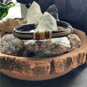 Vintage 90s black leather bracelet copper brass unisex